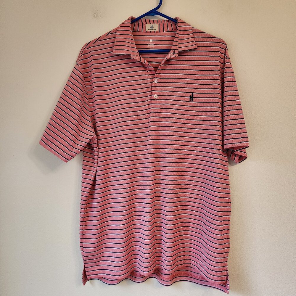 JOHNNIE O Hangin Out Polo Shirt Golf Men’s L Large Golf Pink Blue Poly Blend